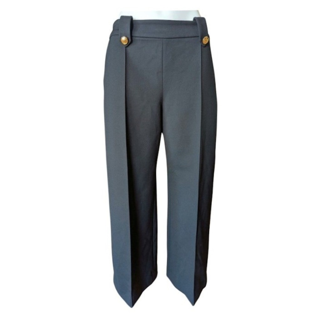 Mulberry Italy Black Wool Blend Wide Leg Sailor Trousers‎ Gold Button 44